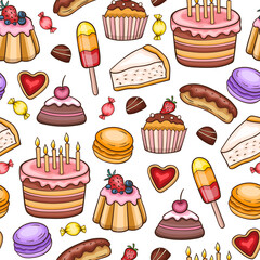 Seamless pattern with cupcakes and candies