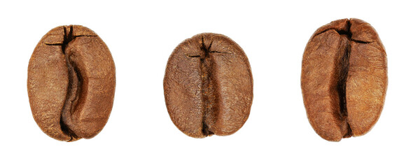 The close-up texture of freshly roasted coffee beans, isolated white background.	

