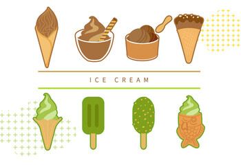 Set of Japanese Matcha and Chocolate Mixed Desserts Flat Vector Illustration,