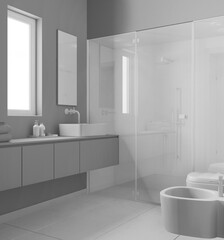 Total white project draft, modern bathroom, spa, concrete tiles floor, large shower with tiles, spotlight, washbasin with mirror, ceramic toilet and bidet. Minimalist interior design