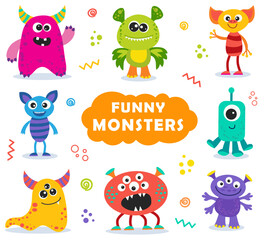set of funny monsters in cartoon style. vector illustration for kids