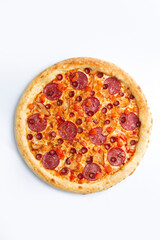 Big pizza with sausages. On a white background.