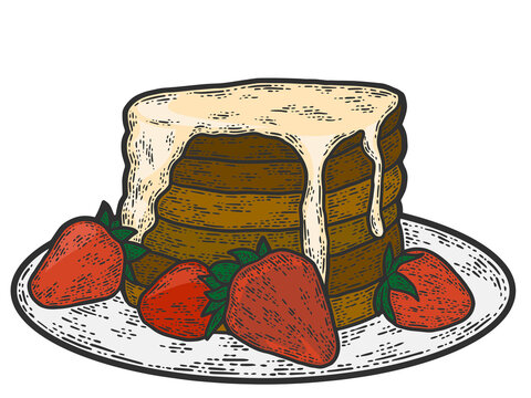 recommend clip art: Dessert, pancakes on plates with berries and drizzled with syrup color. Line art sketch picture. Hand drawn.