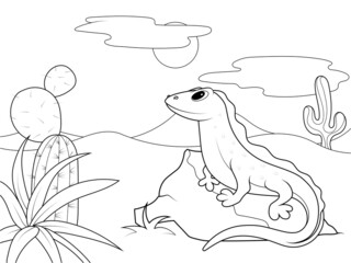 Lizard in the desert sits on a stone. Children coloring book.