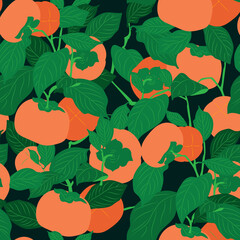 Obraz premium Seamless pattern. Colorful fruit pattern of fresh whole and sliced persimmon fruits. Vector illustration