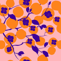 Seamless pattern. Colorful fruit pattern of fresh whole and sliced persimmon fruits. Vector illustration