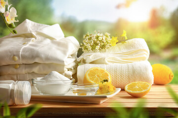 Clothes cleaned with ecological products on table and nature background