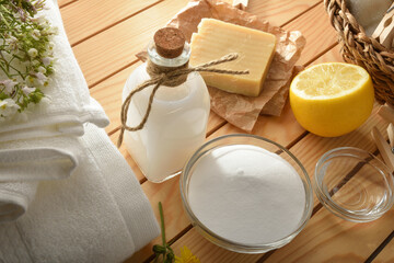 Detail of homemade cleaning products for clothes top elevated view