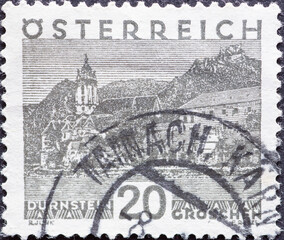 Austria - circa 1930: a postage stamp from Austria, showing a landscape in Austria. Durnstein, Lower Austria
