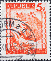 Austria - circa 1947 : a postage stamp from Austria, showing a landscape in Austria: Leopoldsberg (Vienna)