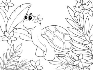 Turtle in exotic forest. Children coloring book.