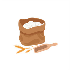 Bag of flour, shovel and ears of wheat. 