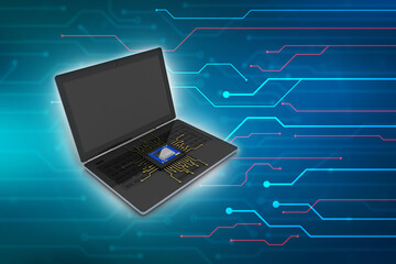 3d render Laptop computer with microchips
