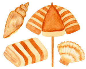 Watercolor summer collection, seashells, towel and beach umbrella isolated on white background.