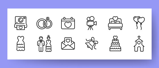 Weeding set. Photos, rings, calendar, camera, bed, balls, dress, groom, bride, cake, bell, church, envelope. Marriage concept. Vector line icon for Business and Advertising