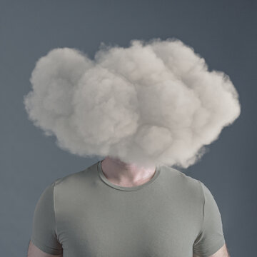 man with cloud covering his face.