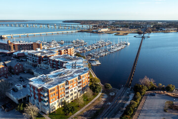 An aerial view of the New Bern North Carolina waterfront apartments and marina