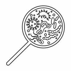 Bacterial microorganism in microscope circle. Bacteria, germs infection set, micro-organisms, bacteria, viruses, fungi, protozoa under magnify, magnifier. Vector doodle illustration icon