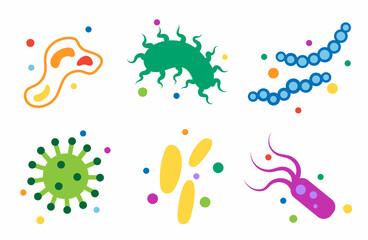 Set of microbes. Collection of cartoon viruses. Vector illustration of microorganisms. Color drawing of a set of bacteria. Monsters collection. Funny monster, cartoon character.