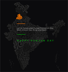 Happy Punjab Day. India map with all states languages typography. Punjab map typography in Gurmukhi.