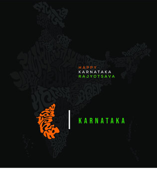 Happy Karnataka Rajotsava. Karnataka map typography in Kannada script and indian map states with theirs languages typography.