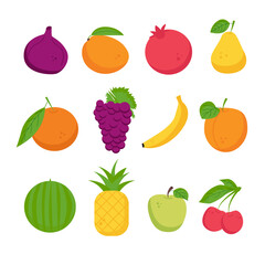 Fruit set. Grape fig mango apple pineapple pomegranate pear banana tangerine watermelon cherry