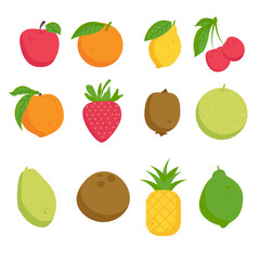 A set of painted fruits. Apple orange lime lemon cherry peach strawberry kiwi melon papaya coconut pineapple