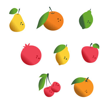 A set of fruits with noises. Pear orange lime pomegranate lemon apple cherry tangerine