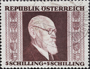 Austria - circa 1946: a postage stamp from Austria, showing a portrait of the State Chancellor of the Austrian Empire Karl Renner. 5 shillings Republic of Austria