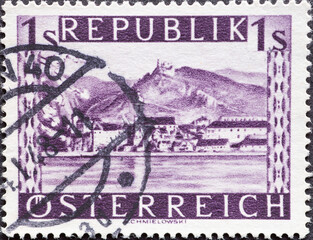 Austria - circa 1947 : a postage stamp from Austria, showing a landscape in Austria: Dürnstein (Lower Austria)