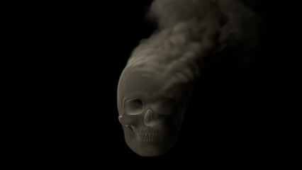 Grey smoking human skull on black background - war concept, isolated - object 3D illustration