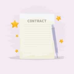 Contract with pen and stars. Vector illustration.