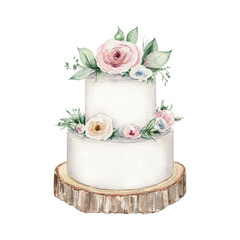 Watercolor wedding cake illustration isolated on white background. Rustic wedding decor
