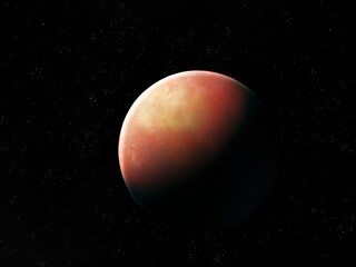 Red exoplanet in deep space. Rocky extrasolar planet. Distant planet similar to Mars. 