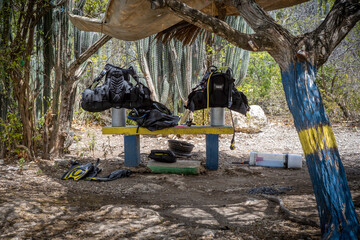 Diving gear on a painted bench in the shadow of a tree at Playa Jeremi on the Caribbean island Curacao