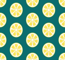 Vector seamless pattern with lemon slices in green background. Endless texture can be used for wallpaper,printing on fabric, paper, scrapbooking.
