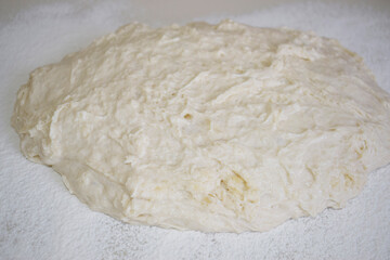 Raw yeast dough on a table sprinkled with flour.