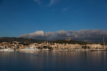 Bay on Palma de Mallorca Spain, sea, mountains and yachts.
