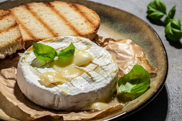 French cuisine. Baked camembert cheese with cranberries and basil leaves on a dark background, Long banner format. top view