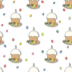 Seamless pattern with Easter cake on white background. Hand drawn Happy Easter symbol. Design for card, postcard, wallpaper, poster, fabric, textile. Holiday sweet food. Doodle style