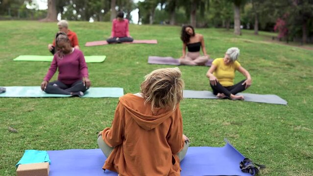 Multiracial people doing yoga at park 
