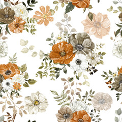 Rustic flowers seamless pattern. Watercolor floral print ,fall design. Autumn themed botanical wallpaper. - 500449576