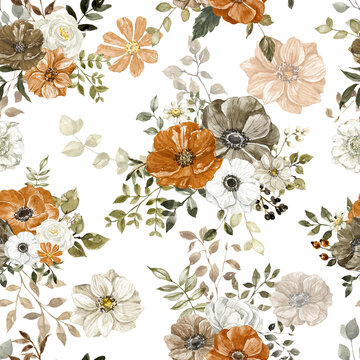 Rustic flowers seamless pattern. Watercolor floral print ,fall design. Autumn themed botanical wallpaper.