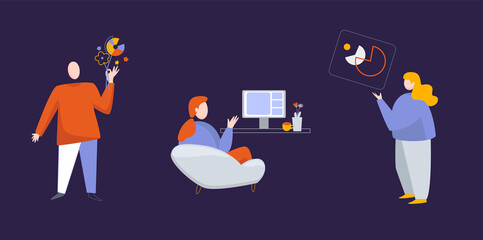 Group of three worked people communicate, presentation, video conference, concept business analytic. Vector illustration