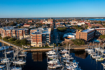 Aerial View of Downtown New Bern North Carolina looking North from the Marina