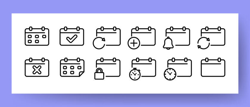 Calendar set icon. Contains such icon as appointment, date setup, alarm clock, calendar layout, event view and more. Date management. Vector line icon for Business and Advertising