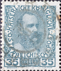 Austria - circa 1908: a postage stamp from Austria, showing a portrait of Emperor Franz Joseph in...