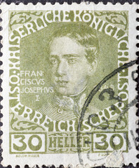Austria - circa 1908: a postage stamp from Austria, showing a portrait of Emperor Franz Joseph in 1848