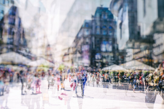 Silhouette Of People Walking On The Street Of Big City Shopping Day, Big Crowd Of People Walking