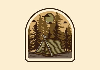Wood cabin in the jungle illustration drawing